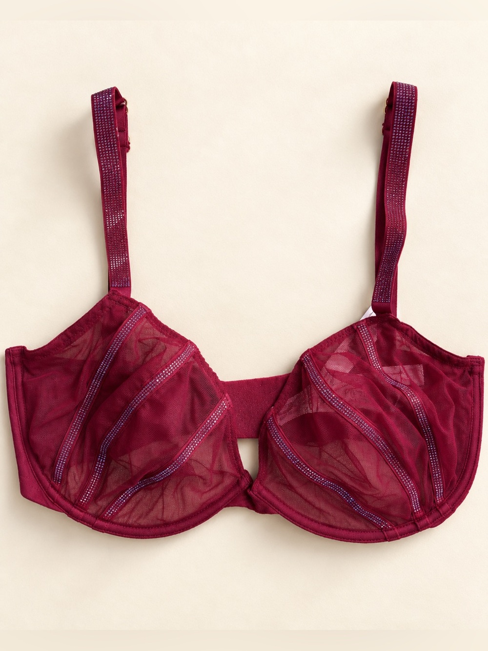 NWT Victoria's Secret Very Sexy Bra 34DDD Burgundy Sheer Rhinestone Unlined